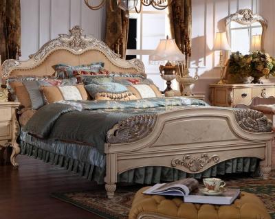 China Luxurious handmade bird shape decorated handmade solid wood bed in European royal style, using first layer cowhide and beech for sale