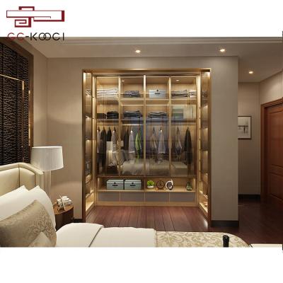 China (Other)Adjustable Luxury Gold Glass Door Customized Wardrobe Closet Bedroom Furniture Walk In Wardrobe Closet for sale