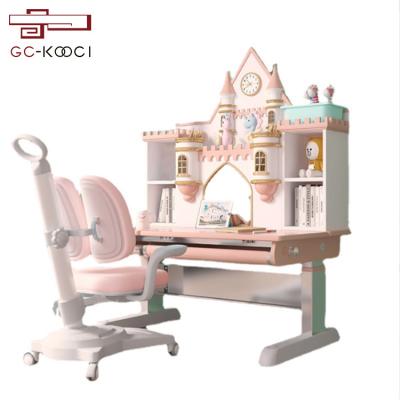 China Height Adjustable Castle Luxury Creative Pink Blue Kids Lift Adjustable Table Modern Home Children Study Desk And Chair Set for sale