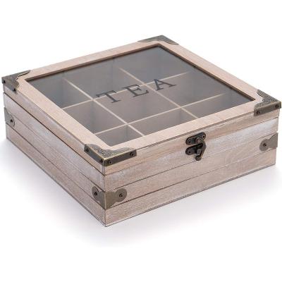 China Sustainable Tea bag Box with handle Mini countertop divider storage container Natural wood tea box for beverage storage for sale