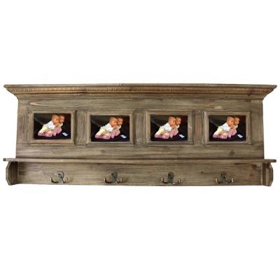 China Decorative wooden wall shelf with photo frames and wooden coat hooks frames for sale