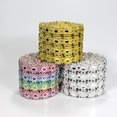 China Flatback 4 Rows Big Shiny Flower Shape Diamond Mesh Wrap Roll Faux Rhinestone Crystal Mesh Ribbon Roll for sale