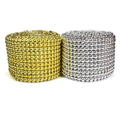 China Flatback 12 Rows Semi-Round Beads Diamond Mesh Wrap Roll Faux Rhinestone Shiny Crystal Mesh Ribbon Roll for sale