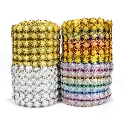 China Flatback 6 Rows Sunflowers Shape Diamond Mesh Wrap Roll Faux Rhinestone Crystal Mesh Ribbon Roll for sale