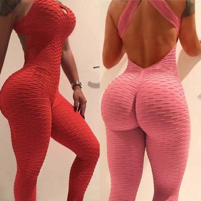 China Breathable Sexy High Slim Sports Game High Waisted Jumpsuit Backless Sportswear Women Halter Sportswear Top Running Pants Push Up Overalls for sale