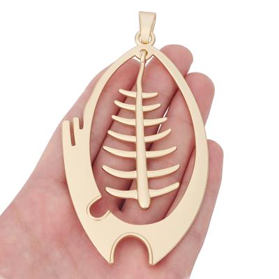 China TRENDY Matt Gold Large 3D Skeleton Halloween Fish Bone Charms Pendants For Necklace Jewelry Making 116x59mm for sale