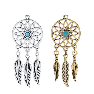 China TRENDY Antique Dream Catcher Silver / Gold Feather Charms Pendants For Necklace Jewelry Making Accessories for sale