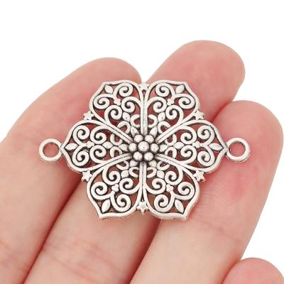 China Popular Big Tibetan Silver Flower Connector Charms Pendants For Bracelet Jewelry Making Accessories for sale