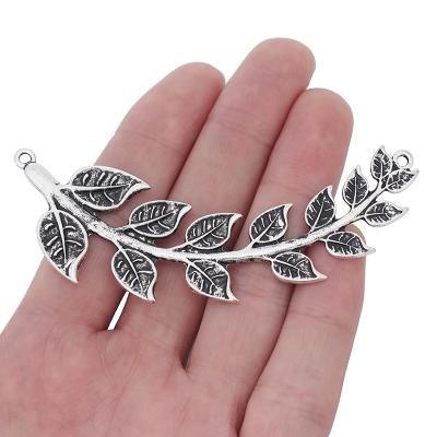 China Popular Antique Big Branch Leaf Silver Connectors Charms Pendants For Necklace Jewelry Making Findings 88x28mm for sale