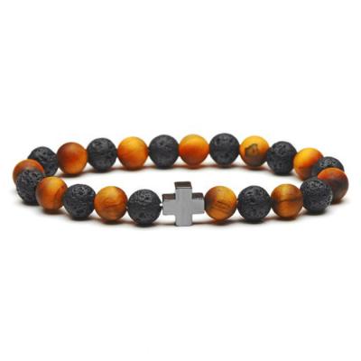 China FASHIONABLE High Quality Handmade Tiger Eye Stone and Lava Bead Bracelet Men with Cross Beads Bracelet (MA18080) for sale