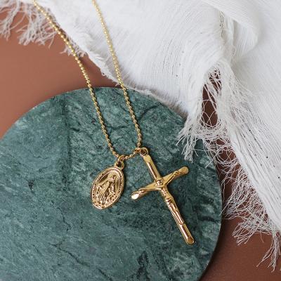 China Fashion Trendy Woman Stainless Steel Necklace With Jesus And Cross Pendant Gold Plated Cross Jesus Coin Pendant Necklace for sale