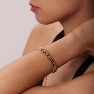 China Retro Cuban Bracelet Mesh Band Titanium Steel Gold Stainless Steel Plated Bangle Wide 18K Vacuum Plating Bangle Jewelry for sale