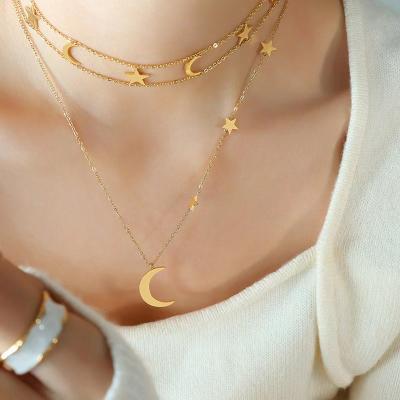 China FASHIONABLE Romantic Moon Star Double Pendant Stacked Necklace Girls Jewelry Clavicle Necklace Titanium Steel Set for sale