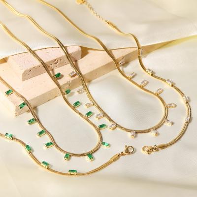 China Europe and America Fashion Jewelry Women's 14K New Stainless Steel Snake Chain Square Green/Flat White Zircon Bracelet Necklace Set for sale