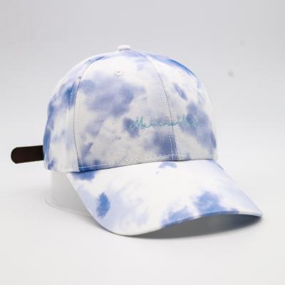 China 6 Panel Sky Blue White Tie Dye COMMON Baseball Cap, Strap Tie Dye Leather Back Baseball Hat, Cotton Twill Tie Dye Head Hat for sale