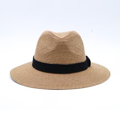 China Adjustable Dobby Women Men Brim Wide Straw Panama Fedora Summer Beach Sun Hat for sale