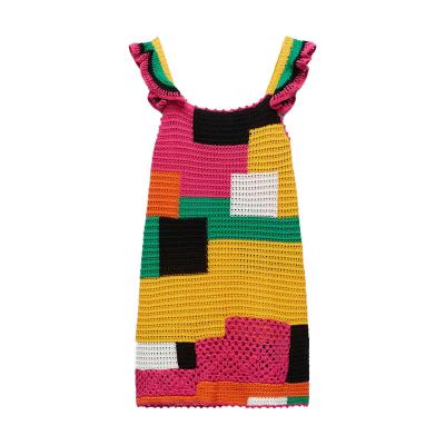 China Anti-wrinkle summer crochet Colorblock suspender skirt sleeveless patchwork splicing knitted crochet dress women for sale