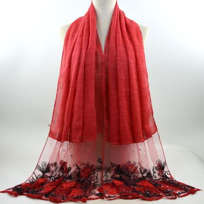 China Wholesale Cotton Fashion Shawls Cotton Lace Up Floral Embroidered Breathable Women Scarves for sale