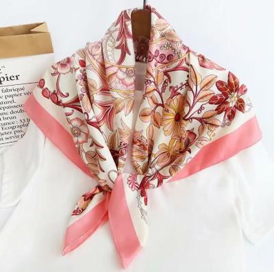 China 2021 Floral Luxury Floral Satin Making Custom Design Silk Satin Scarf With Rolled Egde Customized for sale