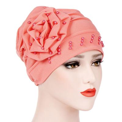 China 80%polyester+20%spandex 2020 new arrival headwear accessories pearl flower beaded turban ladies muslim abaya for sale