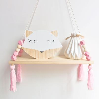 China Modern Wooden Wall Hanging Rope Rack Storage Tassels Bead Shelf for Kids Room Decor for sale