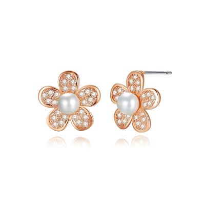 China TRENDY Dropshipping Mothers Day Jewelry 925 Sterling Silver Pearl Flower Earrings 18K Rose Gold Plated Mom Stud Earrings for sale