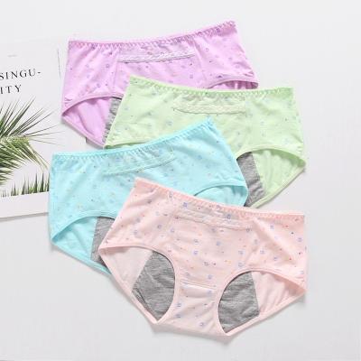 China Mid-waist Three Layer Menstrual Period Physiological Panties Cotton Teen Women's Printed Waistband Antibacterial Leakproof Pouch Underwear for sale