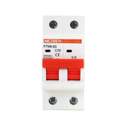 China Copper MCB 10 16 20 25 32 40A 50A 63A 2p Miniature Circuit Breaker 230V AC High Grade 6 for sale