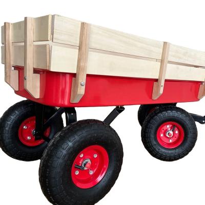 China durable RED CART WITH CHILDREN'S WOODEN FENCE GARDEN CART for sale