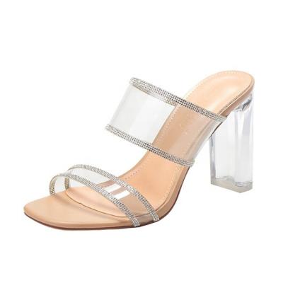 China Fashion Ladies Women's Transparent Thick High Heel Sandal Women's Fashion Ladies Rhinestone Lighted Glass Shoe for sale