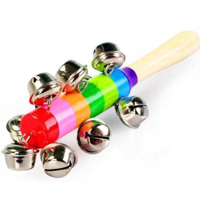 China Eco-Friendly Material Develop Hearing Ability Kids Baby Metal Colorful Jingles Musical Ball Wooden Hand Shaker Bells for sale