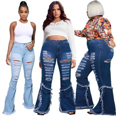 China (0.75) 21196 viable women plus size jeans with flared holes and washed tassels women plus size jeans for sale