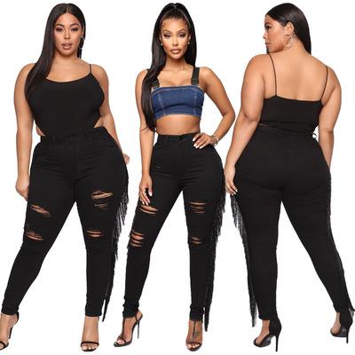 China (0.75) 21193 Viable New Tassel Hole Wash Black Pencil High Elastic Plus Size Women Plus Size Pants for sale