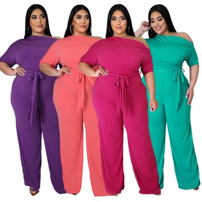 China (RTS 0.65) AP7016 viable plus size fashionable plus size women's solid color strappy shoulder flared jumpsuit for women for sale