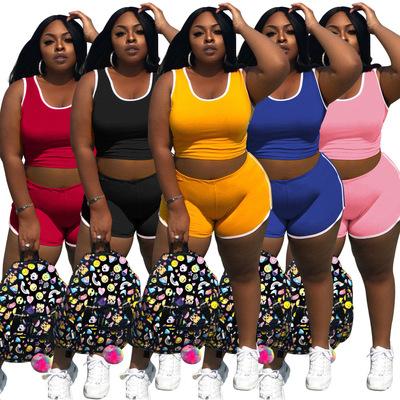 China (RTS 0.35) P5085 Viable Plus Size Women's Casual Solid Color Vest Sports Shorts Suit For Women for sale