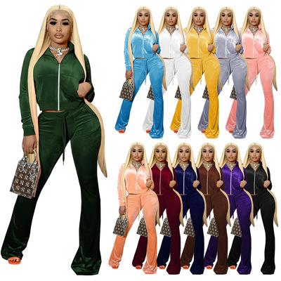 China HR8191 Fashion QUICK DRY Women's Solid Color (RTS 0.75) Cropped Flare Pants Suit Two Piece Set For Women for sale