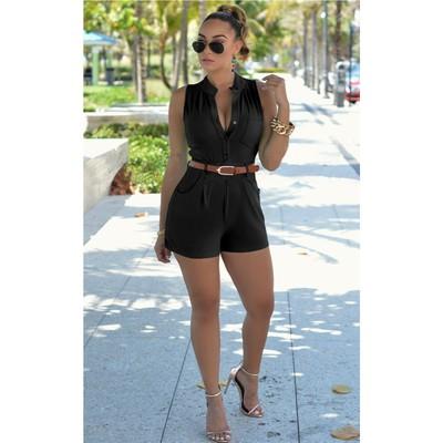 China (RTS 0.4) FK1503 QUICK DRY casual one-piece shorts sleeveless high neck buttoned pockets and belted overalls for sale