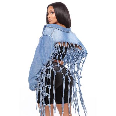 China 958 Women's Anti-Wrinkle (RTS 1.1) Denim Jacket With Mesh Fringe On The Back Plus Size Coats for sale