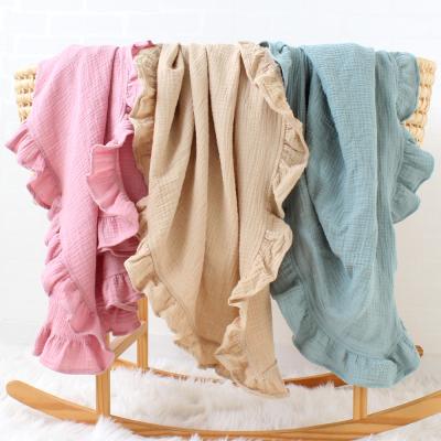 China PORTABLE Gauze Ruffle Baby Blanket Soft Cotton Crinkle Cotton Newborn Wrap Plain Color Wrap for sale