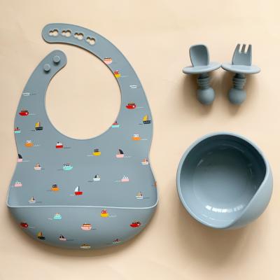 China BPA Free Custom Colors Food Grade Baby Snaps Silicone Soft Waterproof Adjustable Baby Bib Bowl Spoon Set for sale