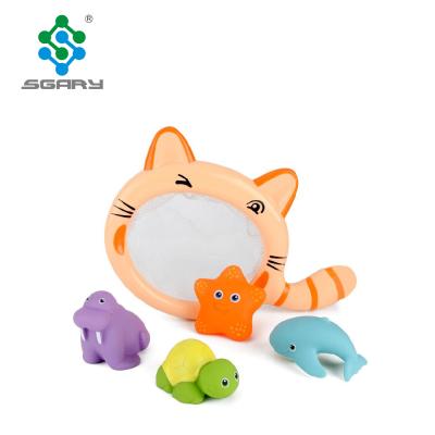 China Bath Toy High Quality Customized Cute Cat Fishing Net Bath Toys With 4 Vinyl Animals for sale