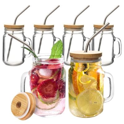 China Factory Wholesale 16 Ounce 500ml Square Cups Freshness Keep Drinking Glass Mason Jars With Bamboo Lids And Stainless Steel Straw for sale