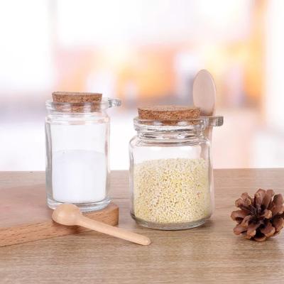 China Hot Sale 100ml 250ml Food Grade Transparent Food Grade Round Oats Glass Containers With Spoon And Cork for sale