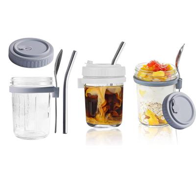 China 10 oz Microwavable Portable Wide Mouth Storage Container Mason Overnight Oats Containers Jar with Lid and Spoon for sale