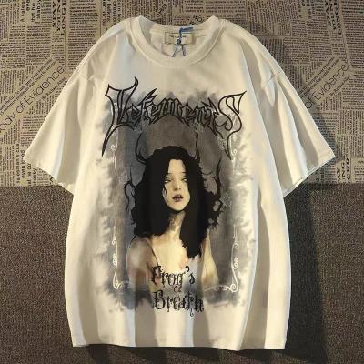 China European and American style anti-pilling portrait printed short sleeve T-shirt men's and women's high street hiphop couples top clothes for sale