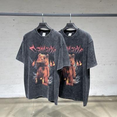 China QUICK DRY American vintage bear print washed to do old sleeve T-shirt men's and women's hip hop style casual loose top wholesale for sale