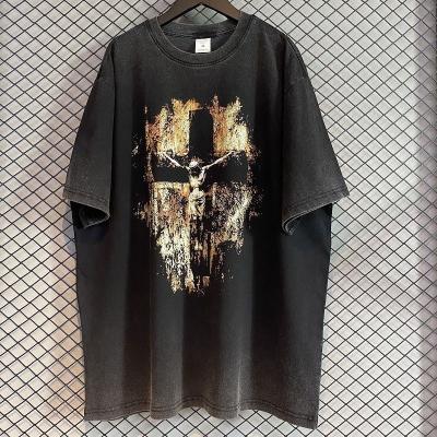 China American hip hop Feng Shui QUICK DRY washing do the old short loose oversized top printed sleeve T-shirt men and women for sale