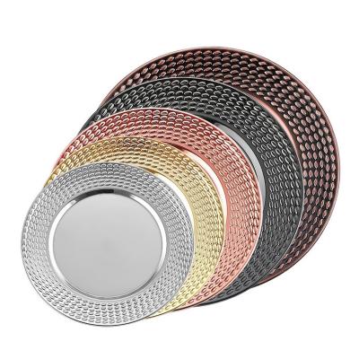 China Factory Price Stainless Steel Party Wedding Dinner Dish Viable Round Metal Plates Mounted Gold Charger Tray for sale