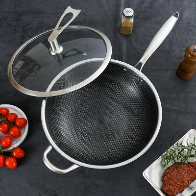 China Sustainable Stainless Steel Honeycomb Pan Frying Chinese Wok Pan 3 Sizes Electric Nonstick Cooking Pans With Lid for sale