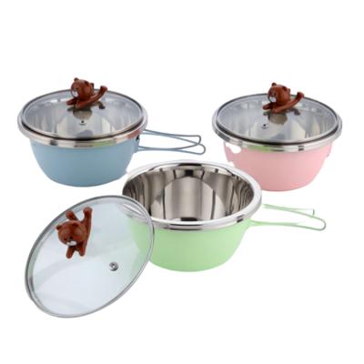 China Factory direct sale cute viable stainless steel milk pot for kids children soup pot with single handle colorful cookware pot for sale